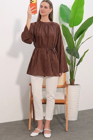 Bigdart Kadın Çizgili Bağcıklı Oversize Tunik 50009 - Kahverengi