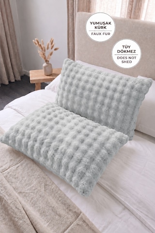 Bubble Kürklü Peluş 2'li Yastık Kılıfı 50x70 Cm Tavşan Tüyü Yumuşak Supersoft Dekoratif Gri
