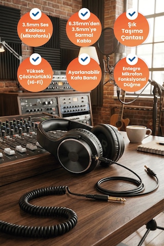 108db Studio Hifi Kablolu Kulak Üstü Kulaklık, 50mm Sürücü, Mikrofonlu, Siyah