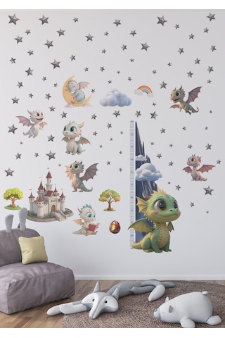 Bebek Ejderhalar Boy Ölçerli Duvar Sticker Seti - Mat, Sökülebilir, Çocuk Odası Dekoru 01