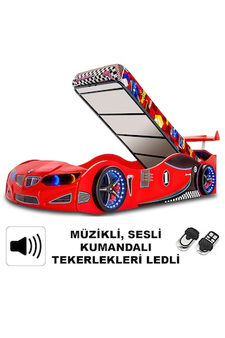 Gt1 - Bazalı Arabalı Yatak - Kumandalı, Sesli, Kırmızı Tek Kişilik