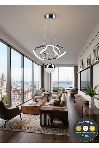 Dron Model 3 Renkli Modern Krom Led Sarkıt Avize - Alt Küre Aydınlatmalı Salon Mutfak Avizesi