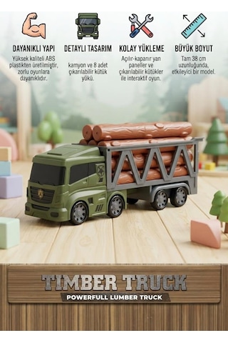 Timber Truck 38 Cm 8 Adet Büyük Boy Kütük Taşıyan Oyuncak Askeri Kamyon Orman Kesim Kamyonu