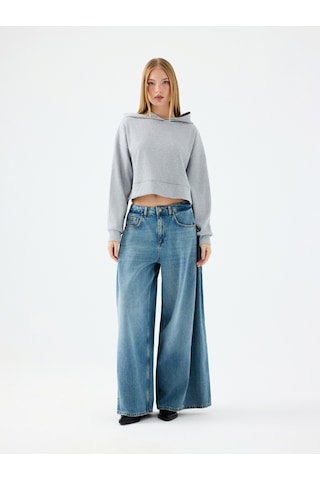 Long Crop Kadın Sweatshirt Gri Melanj