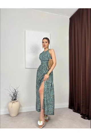 Elora Atelier Halter Yaka Sırt Dekolte Yeşil Maxi Elbise Çok Renkli