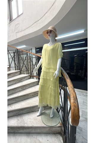 İtalyan 2 Beden Ince Gösteren Yarım Kol Kat Kat Ipek Elbise-8794 Sarı