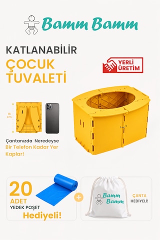 Bamm Bamm Katlanabilir Çocuk Tuvaleti, Portatif Lazımlık Taşıma Çantalı Sarı