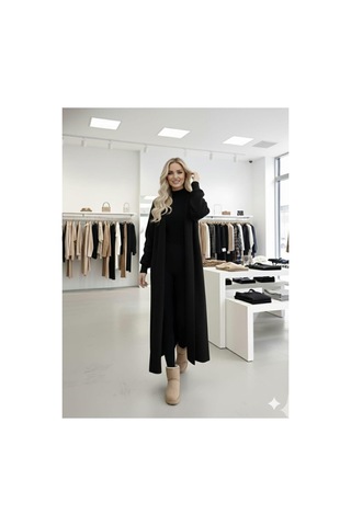 Hira Life Fashion Kadın Şal Yaka Uzun Triko Ve Sakallı Tüylü Hırka Siyah Siyah