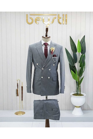 Bys Beystil Sivri Yaka Gri Çizgili Kruvaze Takım Elbise Togo - Slim Fit