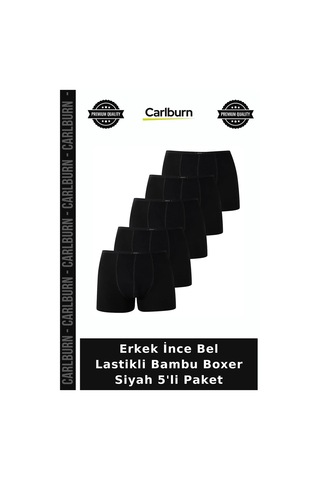 Carlburn Erkek İnce Bel Lastikli Bambu Boxer Siyah 5'li Paket Botanik Giyim Günlük Çamaşır Modern Stil