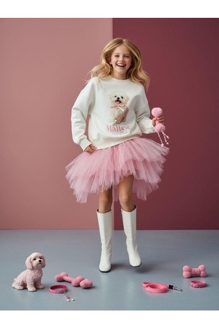 Kız Çocuk Pamuklu Köpek Baskılı Oversize Tasarım Sweatshirt-16472 Ekru