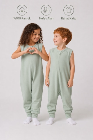 Babyhola 1 Tog Yazlık Çocuk Uyku Tulumu 1-8 Yaş Unisex Kısa Kollu %100 Pamuk Waffle 2702 Mint