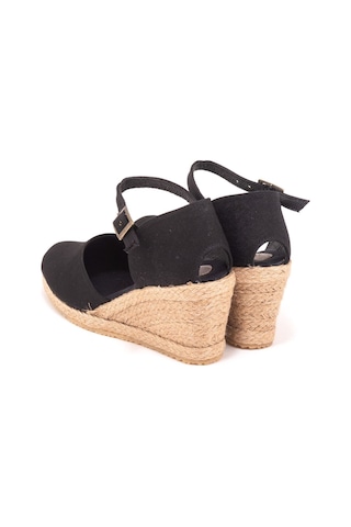 Star Tombis Gerçek Elişi Bilekten Bantlı Topuğu Açık Keten Espadril Dolgu Topuk Handmade Siyah
