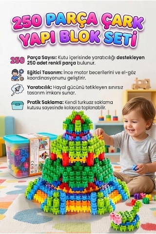 250 Parça Çarklı Saklama Kutulu Renkli Eğitici Zeka Geliştirici Yapı Oyuncak Seti Mavi