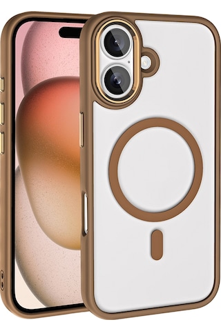 Apple Uyumlu iPhone 16 Plus Kılıf Wireless Şarj Özellikli Zore Krom M-safe Silikon Kapak Rose Brown