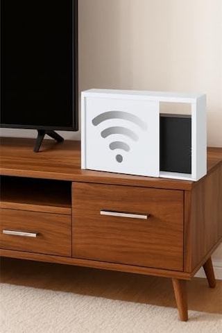 Ahşap Modem Saklama Kutusu Dekoratif Wifi Saklama Kutusu Demonte 35 X 40 Cm Sürgülü Kapak Wi-fi Desenli Açık Bej