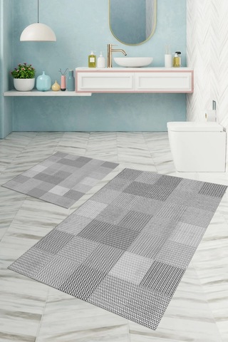 Buççin Online Mağaza Dijital Baskılı Yıkanabilir Kaymaz Taban Kilim Görünümlü Banyo Paspası Klozet Takımı Polyester Gri Çok Renkli