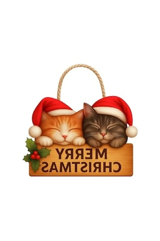 Ahşap Yılbaşı Kapı Süsü, Sevimli Kedili Tasarım 30x18 Cm