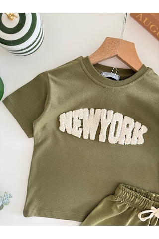 Magu Erkek Çocuk Pamuklu Yeşil New York Yazı Aplikeli T-shirt Şort Takım