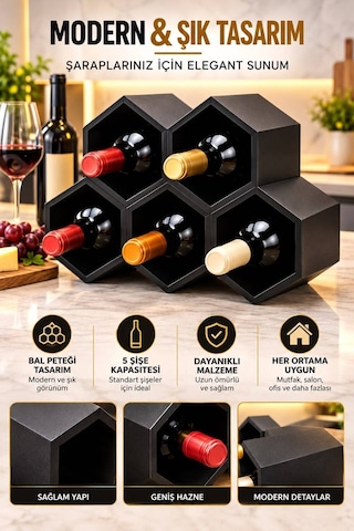 Siyah Modern Şarap Stand 5 Hazneli Şık Tasarım Şarap Şişe Organizer Stand Siyah Modern Şarap Stand 5 Hazneli Şık Tasarım Şarap Şişe Organizer Stand