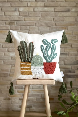 Swita Home Punch İşlemeli Kaktüs Desenli Dekoratif Keten Kırlent Kılıfı Karışık