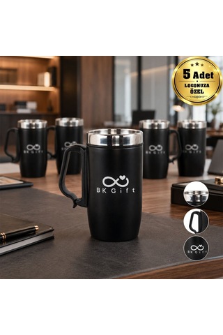 Logonuza Özel 5 Adet 5304 Çelik Kupa 240 Ml Kilitli Kapaklı Kurumsal Termos Mug Siyah