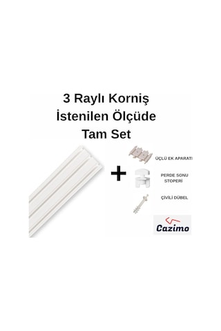 Üçlü Korniş Rayı Pvc Perde Rayı Ölçü Seçenekli Tavan Tipi Beyaz Korniş Sistemi 3 Metre