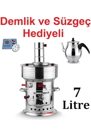 Paslanmaz Metal Odunlu Kömürlü Çay Semaveri Büyük Çift Musluklu Odunlu Kömürlü Semaver 7 Lt.