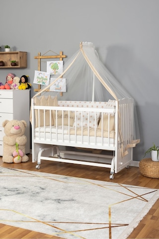 Ahşap Beşik Anne Yanı Beşik Beyaz 60x120 Krem Prens Erkek Uyku Seti Yatak Tekerlekli Beyaz