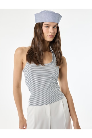 Koton Slim Fit Pamuklu Çizgili Kolsuz Halter Yaka Bluz Lacivert Çizgili 6sal30292ık