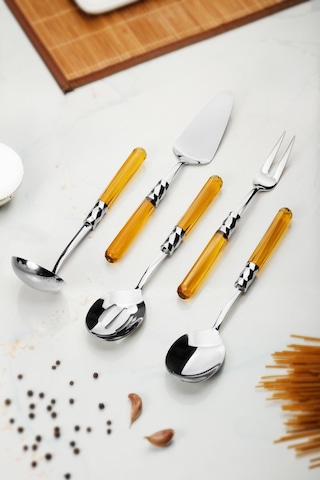 5 Parça Platin Servis Seti & Servis Sunum Seti Amber Kepçe / Kevgir / Sıpatula / Çatal / Kaşık Sarı