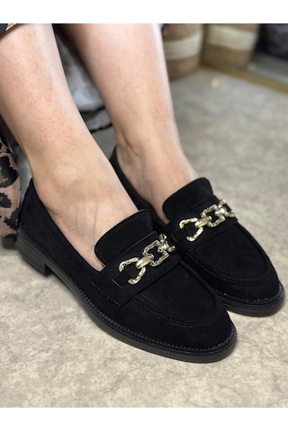 Günlük Kadın Loafer Makosen Klasik Alçak Topuklu Desenli Taban Zincirli Oval Burunlu Ayakkabı 150 Siyah - Süet