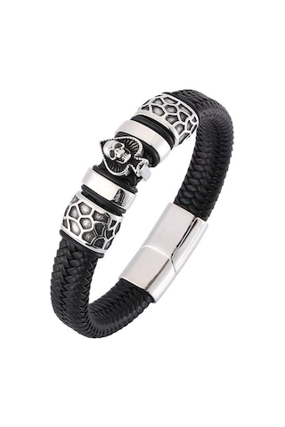 Punk Maça Kafatası Takı Erkek Bileklik Charm Paslanmaz Çelik Bilezikler Siyah Geniş Örgülü Erkek Deri Bileklikler Siyah