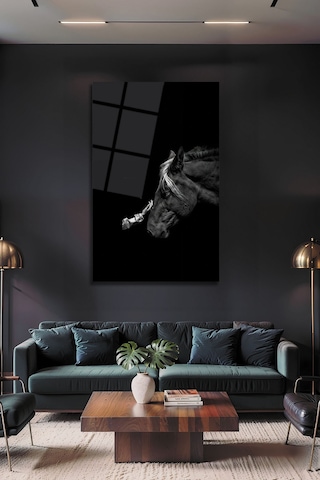 Siyah Beyaz At Ve İnsan Temalı Minimalist Cam Tablo Duygusal Modern Duvar Dekoru Portre Temalı Dekoratif Duvar Tablosu, Salon Ve Yatak Odası Dekoru,