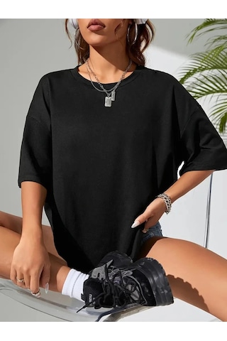 Wear Vexel Kadın Tişört Büyük Boy Ayıcık Baskılı Bisiklet Kısa Kol T-shirt - Siyah Siyah