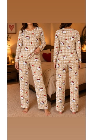 Lila İç Giyim Kadın Kareli Desenli Baskılı Uzun Kollu Pijama Takımı Rahat Ev Giyim Seti Krem