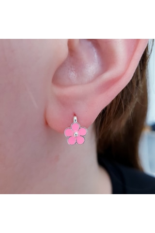 Magrib Pembe Çiçekli Gümüş Çocuk Küpesi