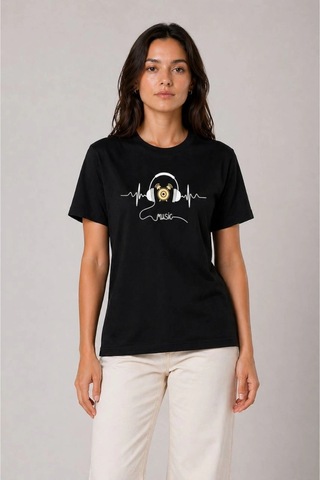 Wear Vexel Kadın Müzik Temalı Baskılı Tişört Bisiklet Yaka Kısa Kol T-shirt - Siyah Siyah