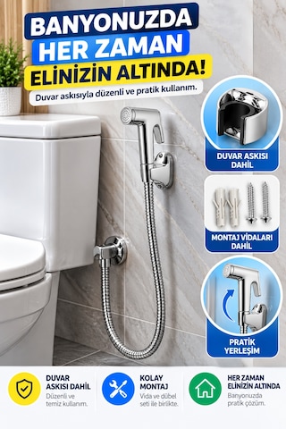 Krom Tabancalı Taharetmatik Taharet Musluğu Seti 100 Cm Spiral Çelik Hortumlu Duvar Askılı Wc Spreyi