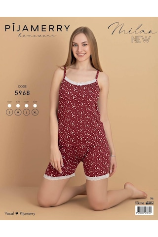 Pijamerry Kadın İp Askılı Milan Kumaş Likralı Şortlu Pijama Takımı 5968 - 1 Adet Bordo