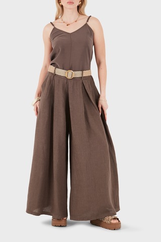 Via Dante Relaxed Fit Yüksek Bel Bol Paça Keten Pantolon Bayan Pantolon 7544 Kahve