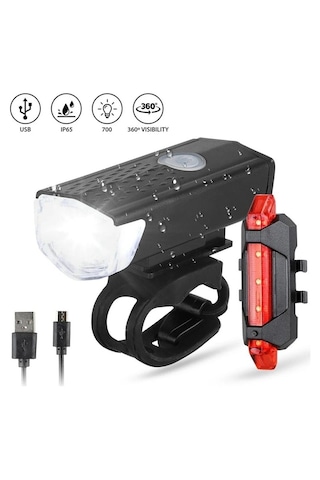 Su Geçirmez Usb Şarj Led Bisiklet Scooter Ön Far Arka Işık Lambası Işık Seti Bisiklet Far Kırmızı  - Siyah