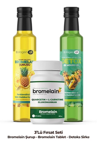 Collagen Life Bromelain Ananas İçeren Detox Şurubu & Bromelain Tablet & Deto-x Sirkesi 3'lü Fırsat Seti