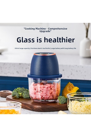 Hombey Evde Sarımsak, Et Ve Sebzeleri Hızlı Kesmek İçin Elektrikli Blender - 350ml Mavi Kalın Cam Kase + 6 Blatlı Gelişmiş Bıçak Diğer