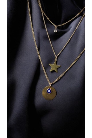 Altın Renk Üç Katmanlı Şans Kolyesi Yıldız, Nazar Ve Işık Taşı Gold