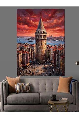 Kızıl Gökyüzünde Heybetli Galata Kulesi Dekoratif Kanvas - Mdf Ahşap Tablo