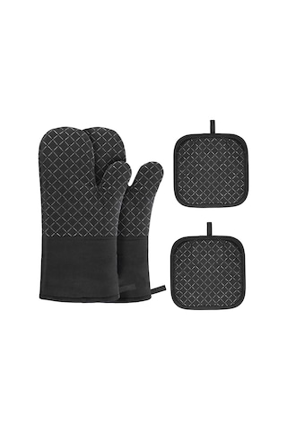 Geeksen 30 Cm Siyah Silikon Izgara Eldiveni Ve 2 Adet Isı Koruyucu Tutucu, Pamuk + Silikon Malzeme, 4'lü Set Çok Renkli
