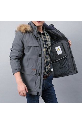 Xinxin Kapüşonlu Kalınlaştırılmış Orta Boy Kaban,gri Gri