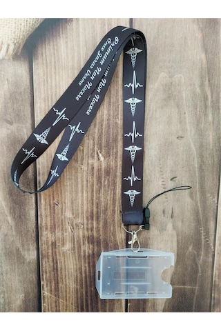 Tıp Sembolü Siyah Zemin Kart Askısı Yaka Kartı Boyun Askı İpi Telefon Askısı Yatay Dikey Kart Koruyucu