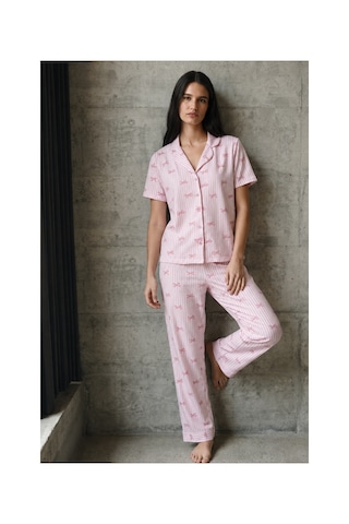 Fit Women V Yaka Düğmeli Casual Pembe Pijama Takımı
